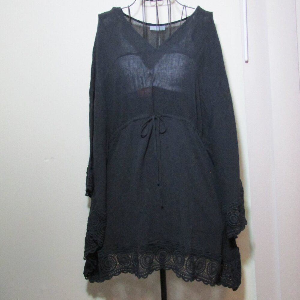 La Blanca Black Swim Cover Up Resortwear Cotton Lace V neck